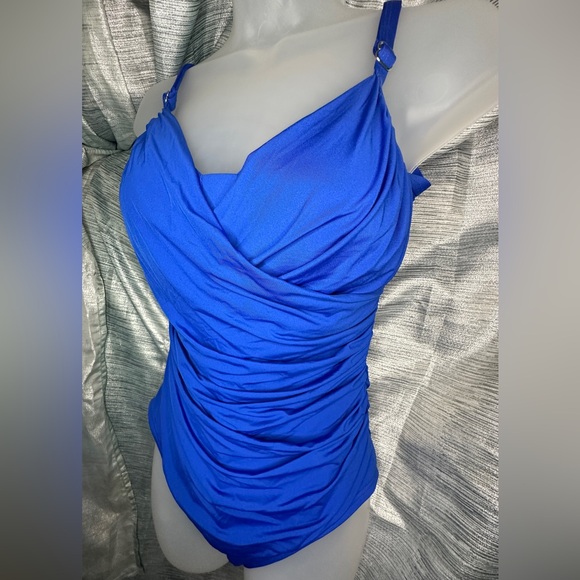 Jantzen Blue Classic Surplice Draped V-Neck One Piece Tummy Control Swimsuit ~14 - Picture 4 of 12